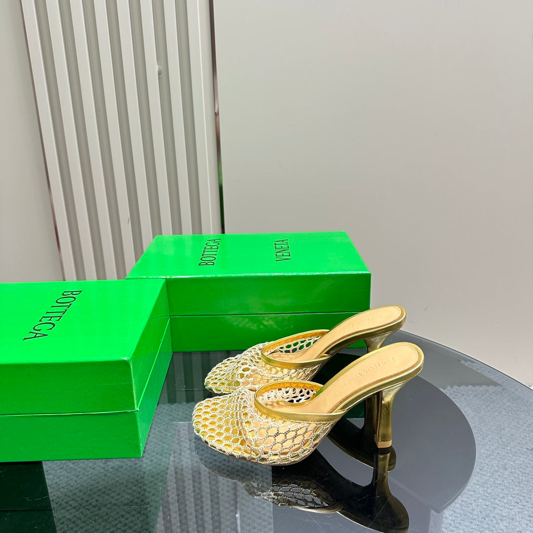 BV 26s High Mule 9cm Gold Metallize Mesh Leather