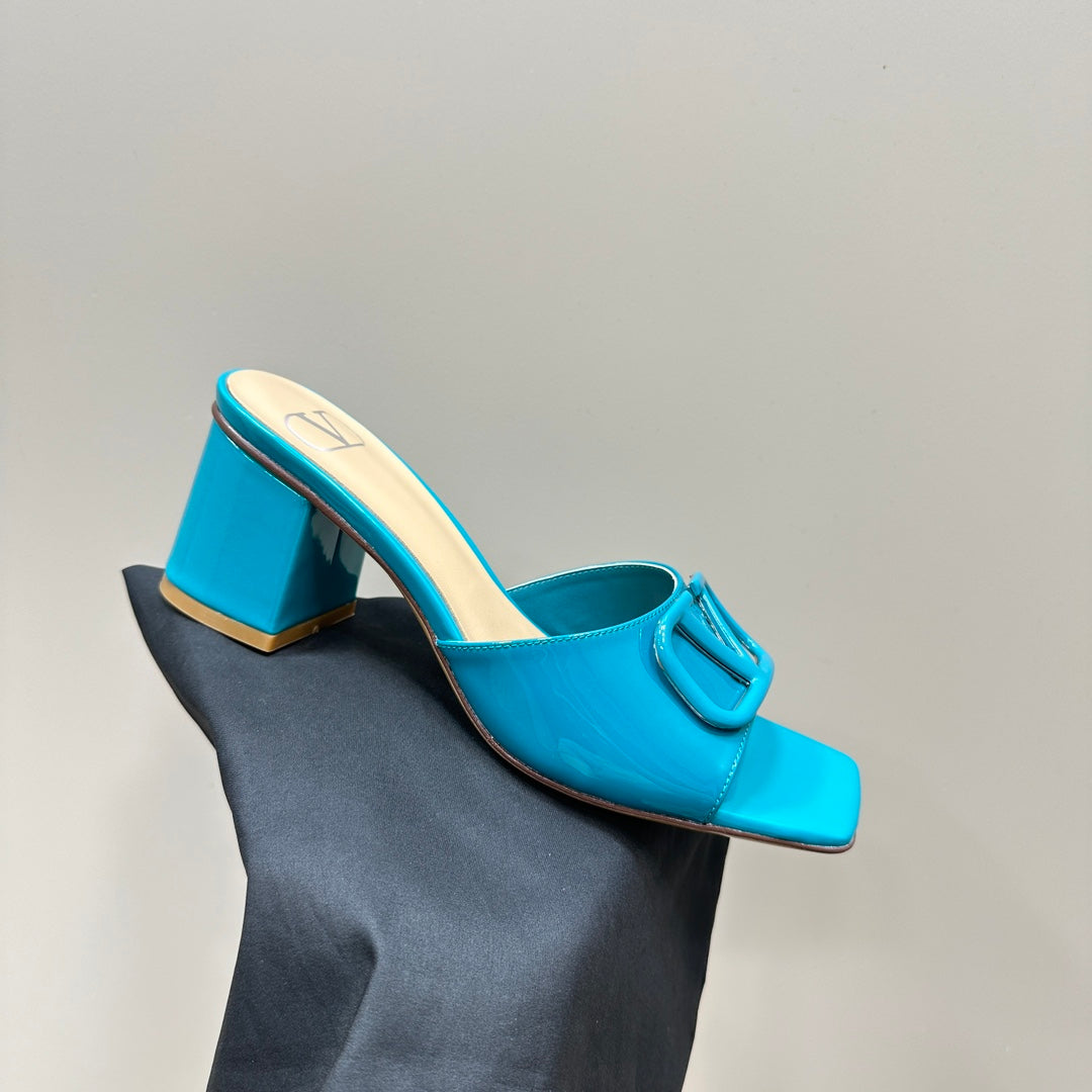 Vogo Signature High Shine Open Toe Sandals In Aqua Blue Glossy Lambskin 839819