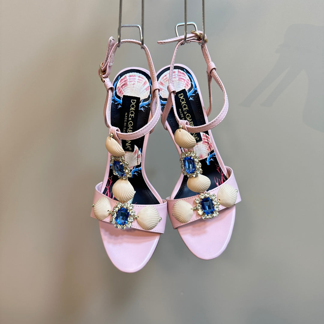 DC 24 Shell Rhinestone High Heel Sandals Pink Cowhide & Sheepskin 946157
