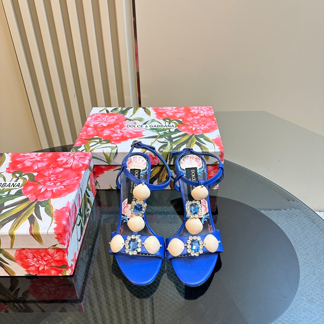 DC 24 Shell Rhinestone High Heel Sandals Blue Cowhide & Sheepskin 946159