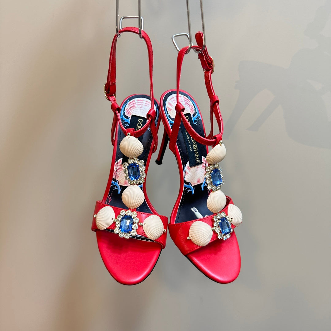 DC 24 Shell Rhinestone High Heel Sandals Red Cowhide & Sheepskin 946161