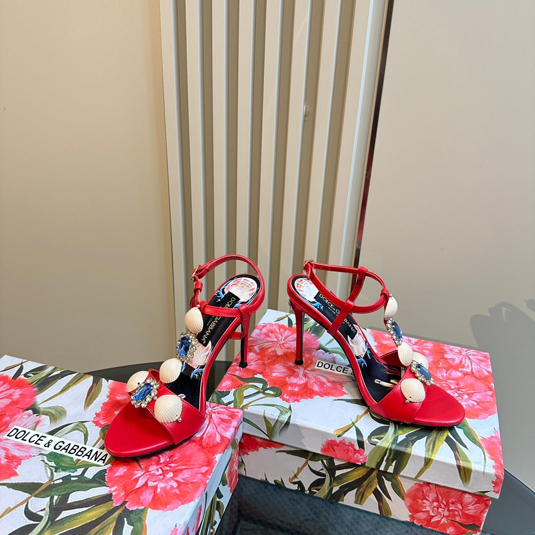 DC 24 Shell Rhinestone High Heel Sandals Red Cowhide & Sheepskin 946161