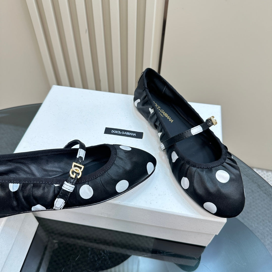 DC Polka-Dot Ballet Flats Black White Sheepskin & Silk 999234