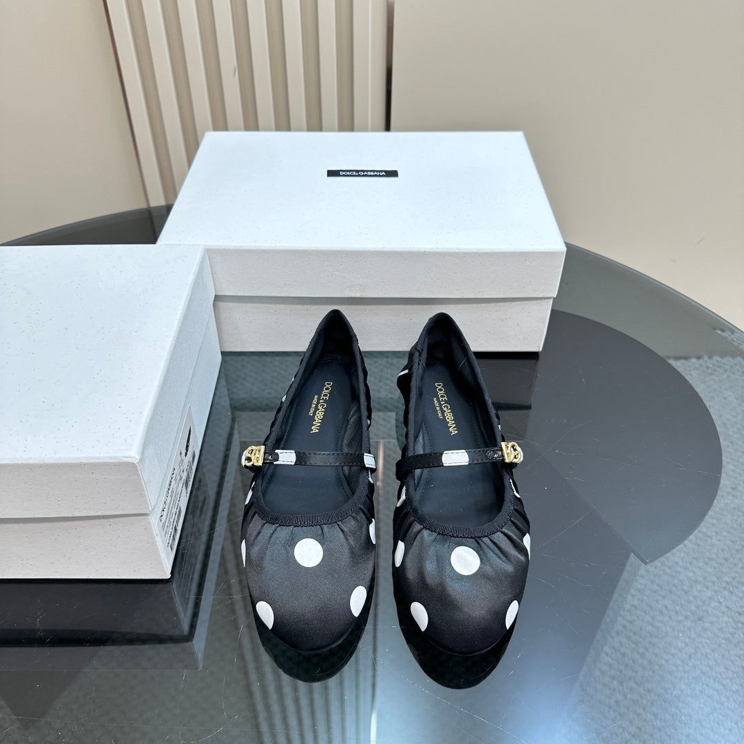 DC Polka-Dot Ballet Flats Black White Sheepskin & Silk 999234