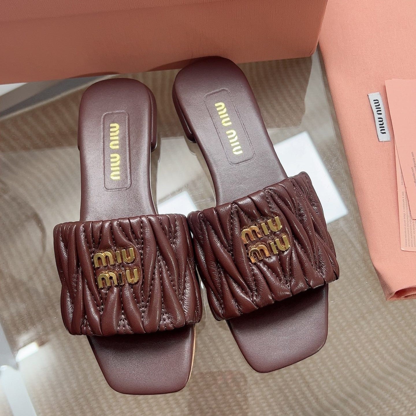 Miu Matelassé Slides Coffee Leather 739549