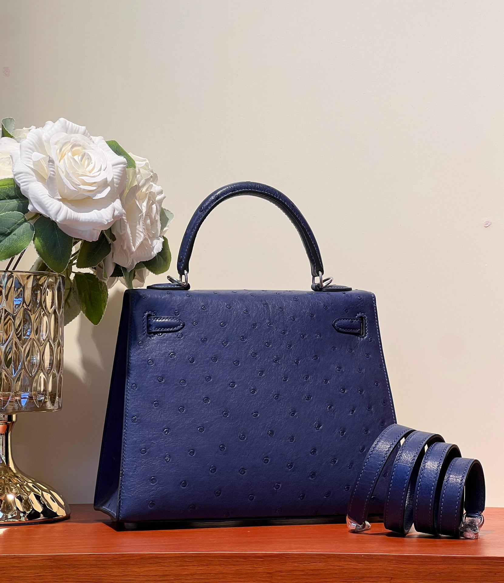 KELLY SELLIER 25 BAG IN NAVY BLUE OSTRICH LEATHER WITH SILVER HARDWARE (MADE - TO - ODER)