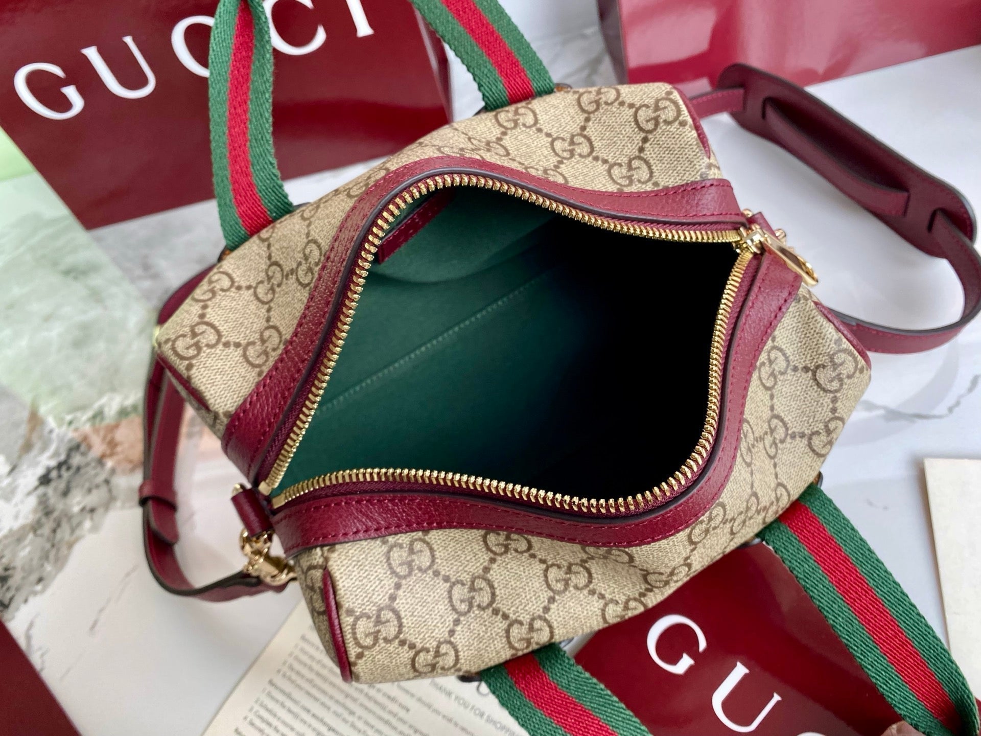 Gucci 25 GG Handbag 20cm Beige mix Rosso Ancora Red Canvas Leather 286710