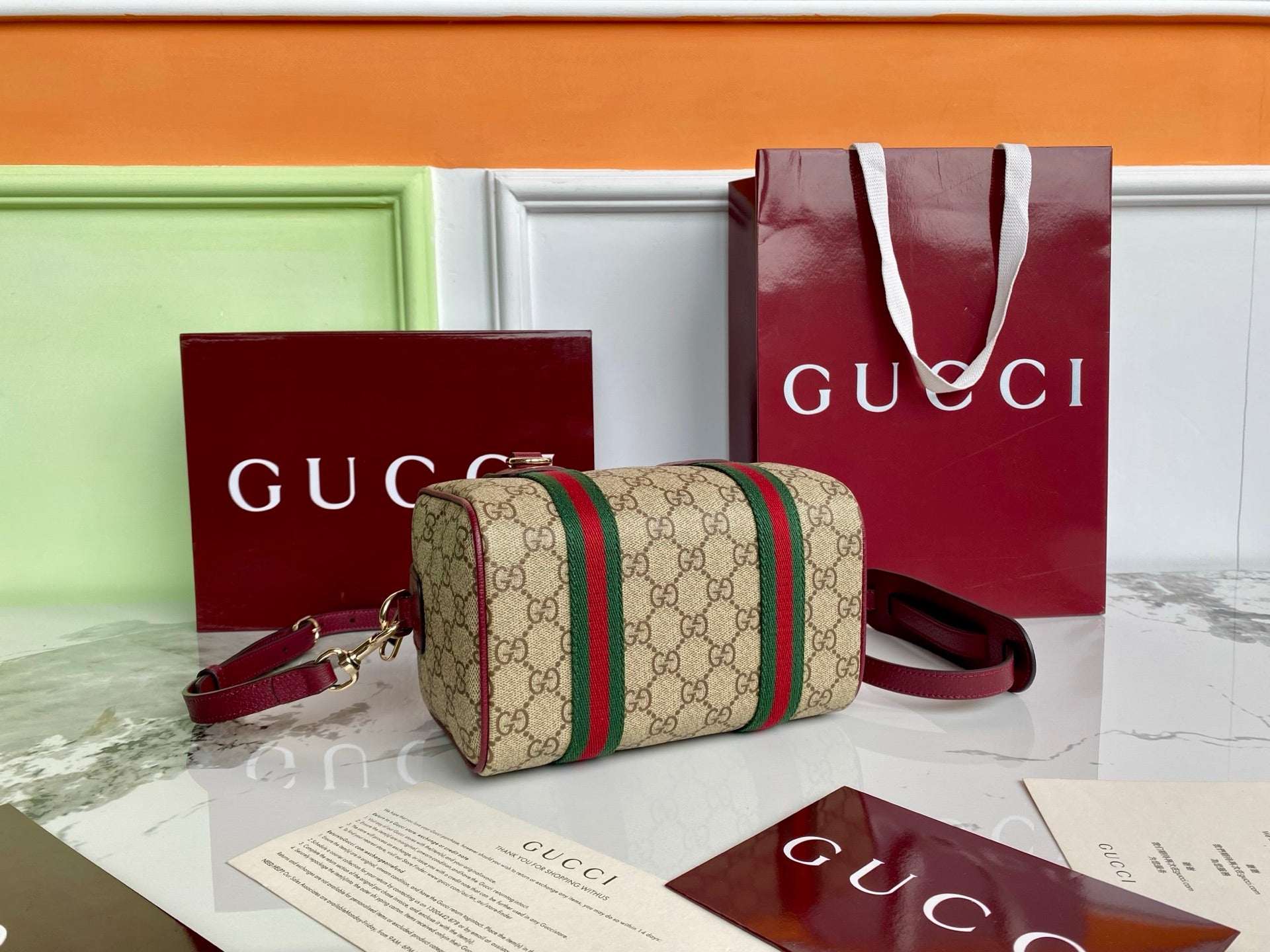Gucci 25 GG Handbag 20cm Beige mix Rosso Ancora Red Canvas Leather 286710