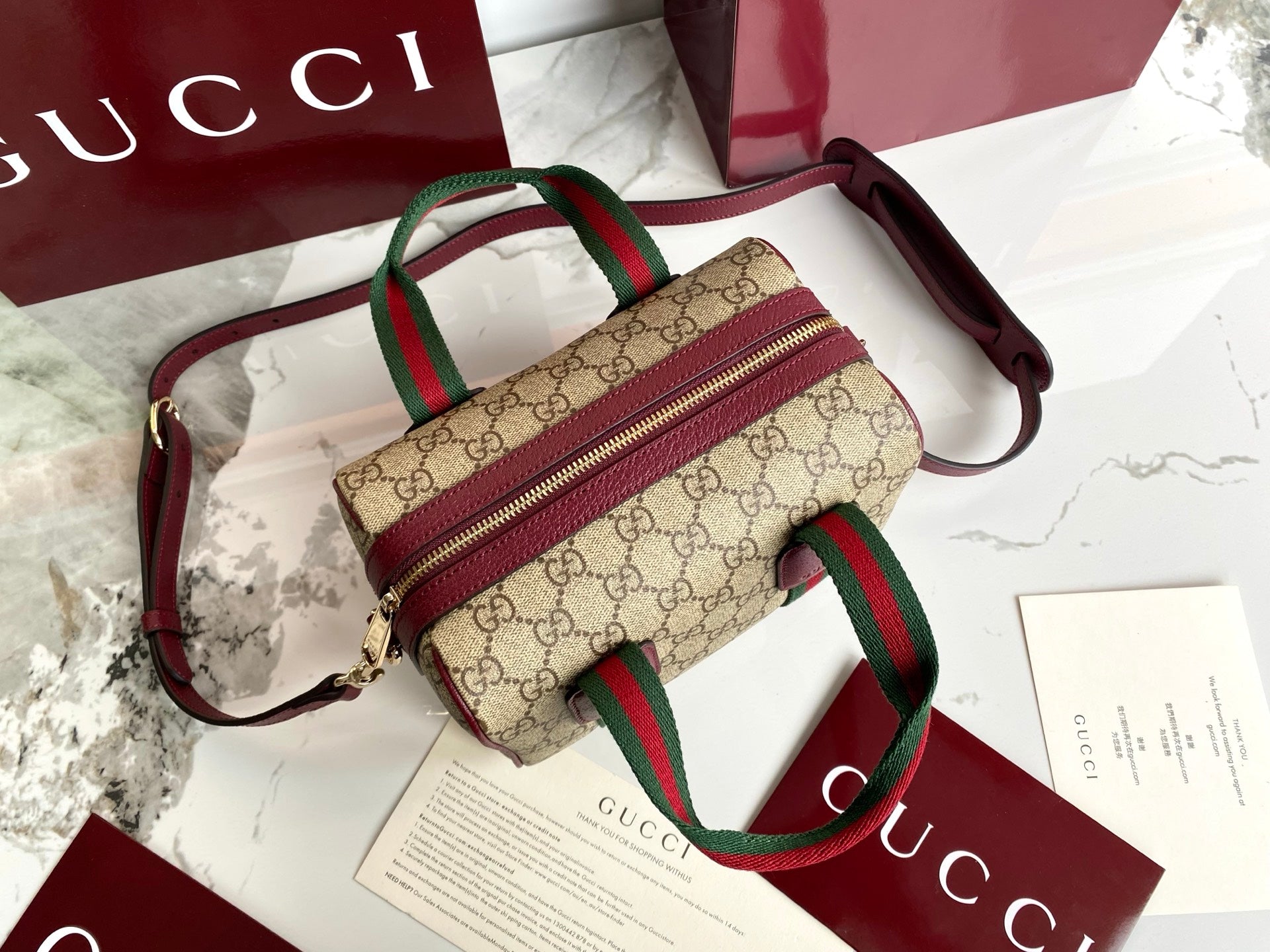 Gucci 25 GG Handbag 20cm Beige mix Rosso Ancora Red Canvas Leather 286710