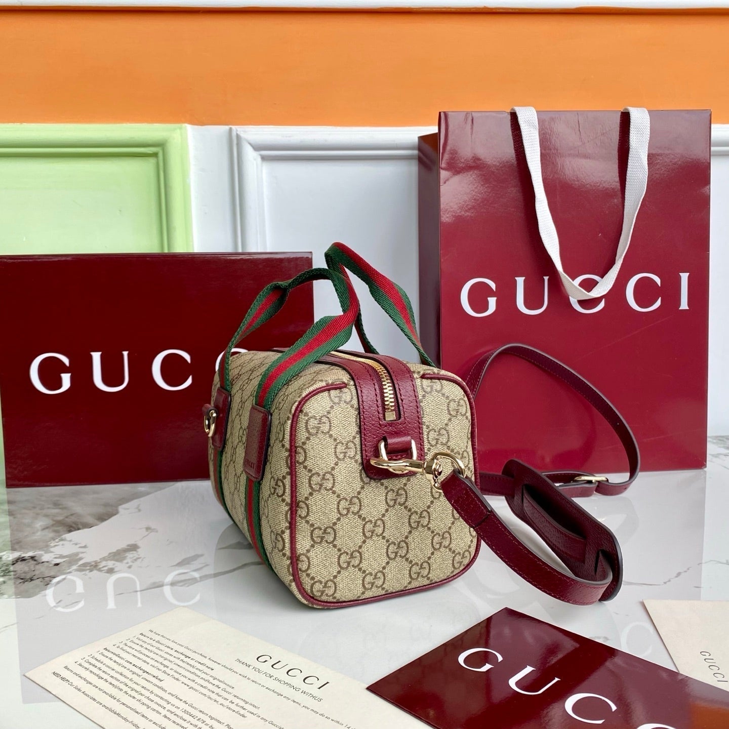 Gucci 25 GG Handbag 20cm Beige mix Rosso Ancora Red Canvas Leather 286710