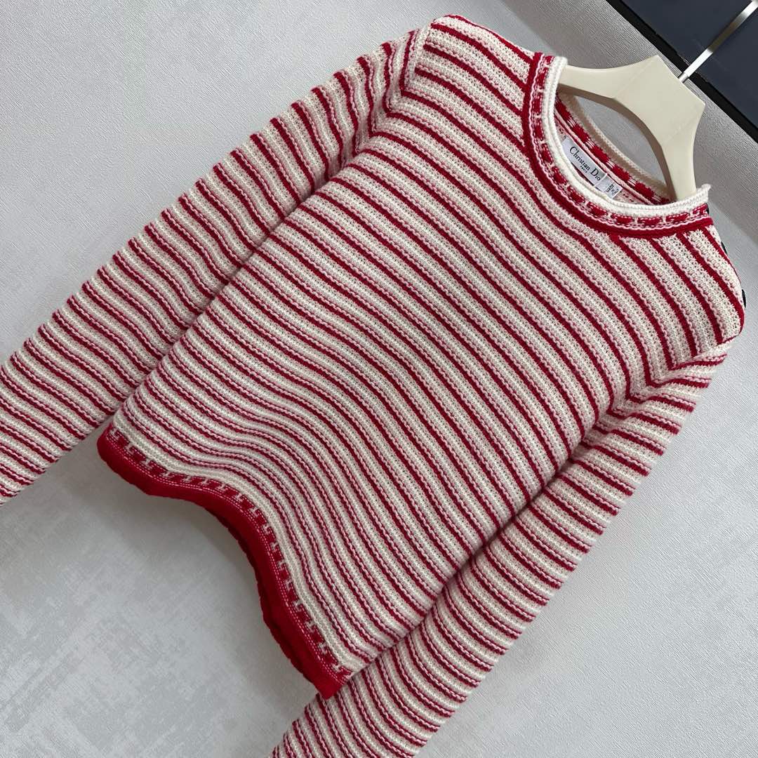 Dior 26S Striped Crew Knit Red mix Cream Wool Cashmere 341972