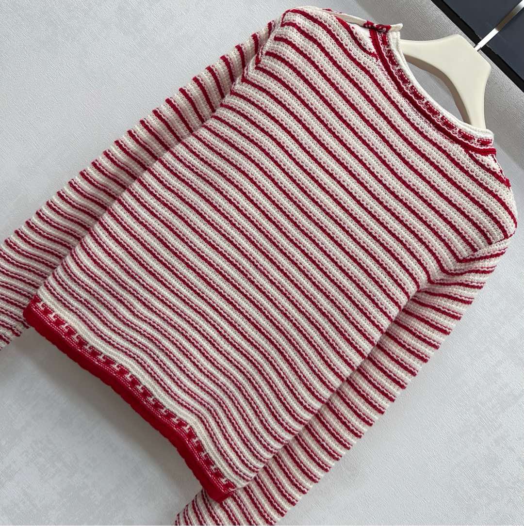 Dior 26S Striped Crew Knit Red mix Cream Wool Cashmere 341972