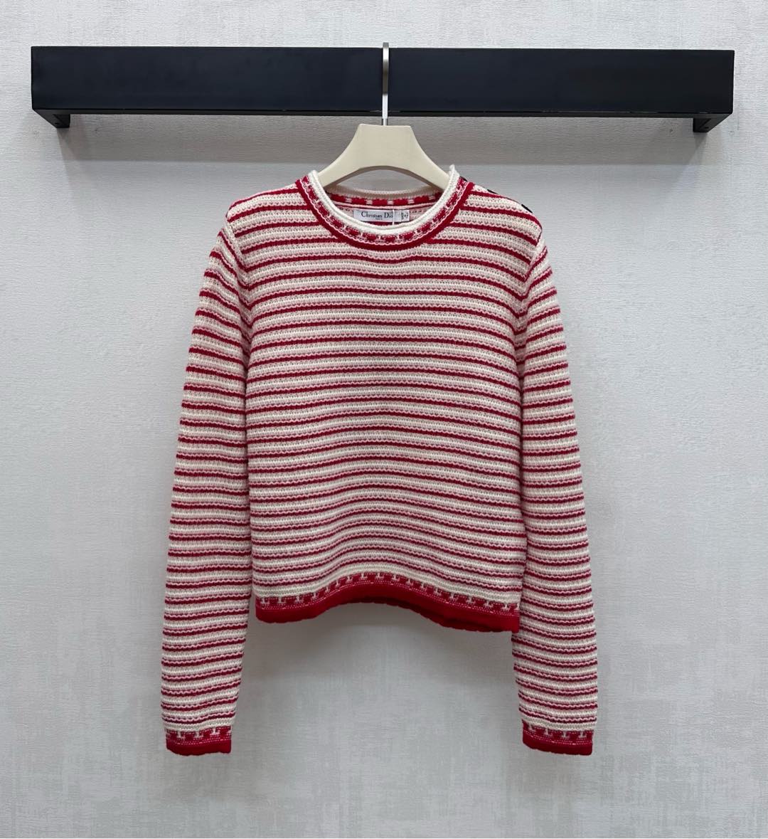 Dior 26S Striped Crew Knit Red mix Cream Wool Cashmere 341972