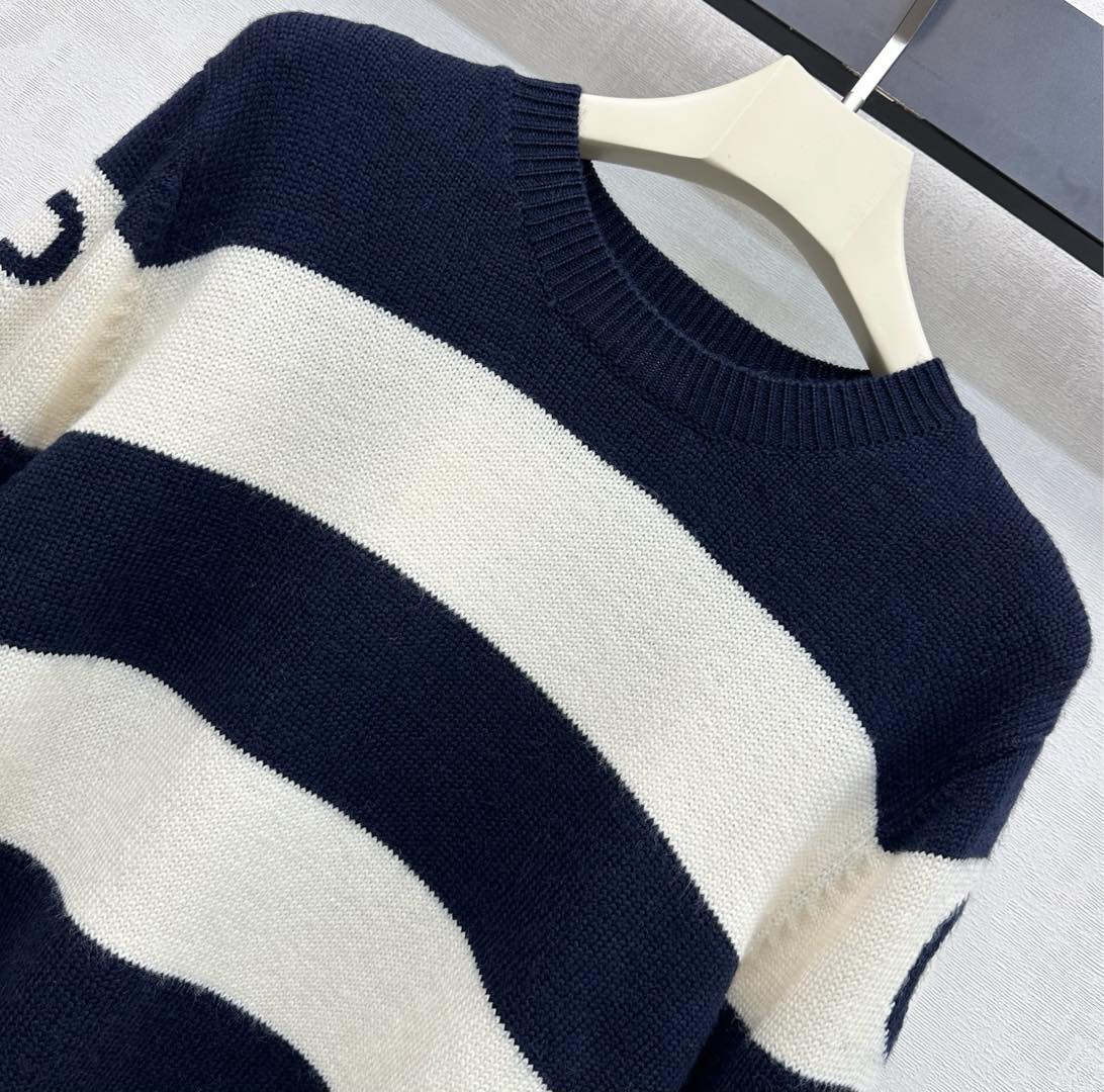 Celine Crewneck Pullover Sweater Black Mix Cream Wool and Cashmere 341951