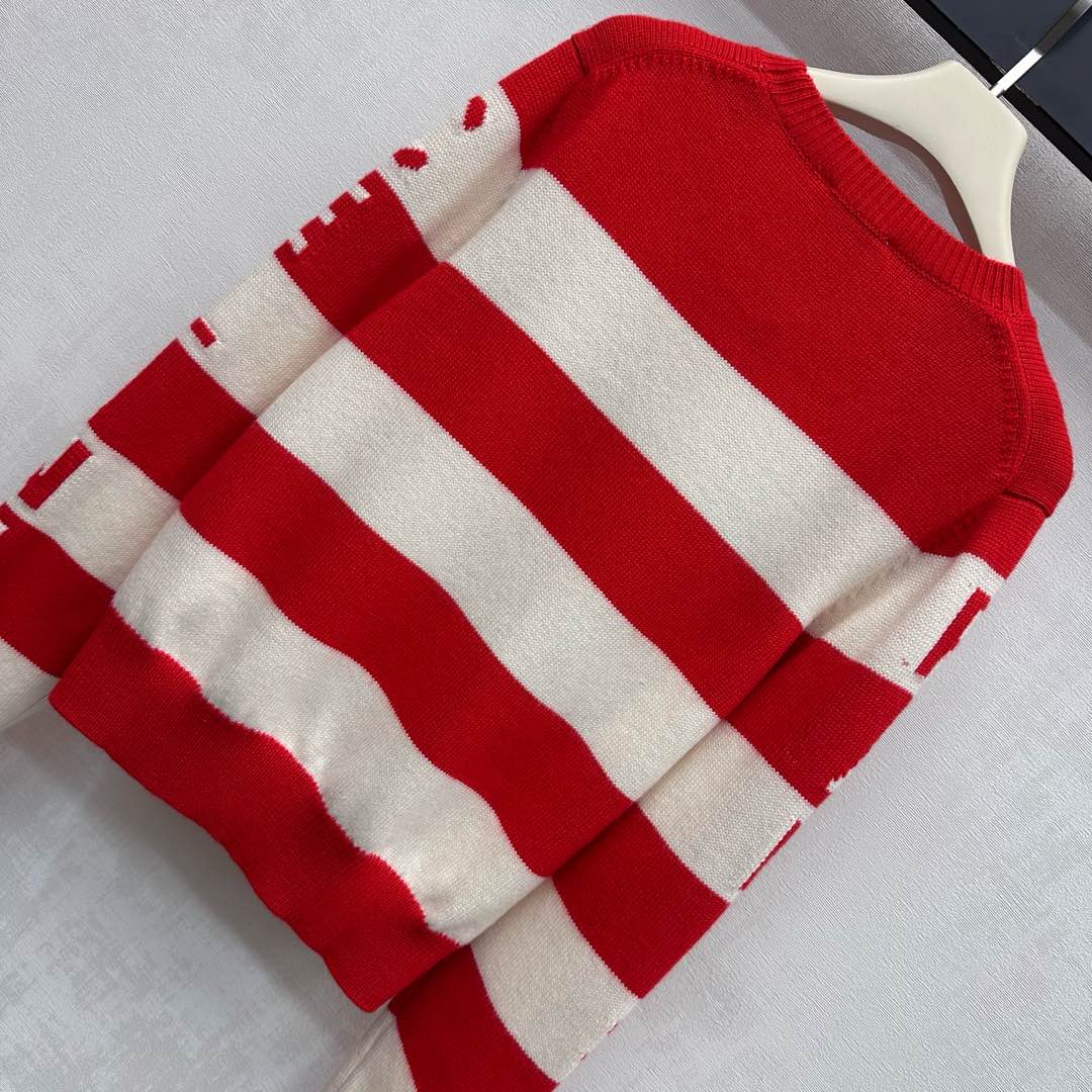 Celine Crewneck Pullover Sweater Red Mix Cream Wool and Cashmere 341953