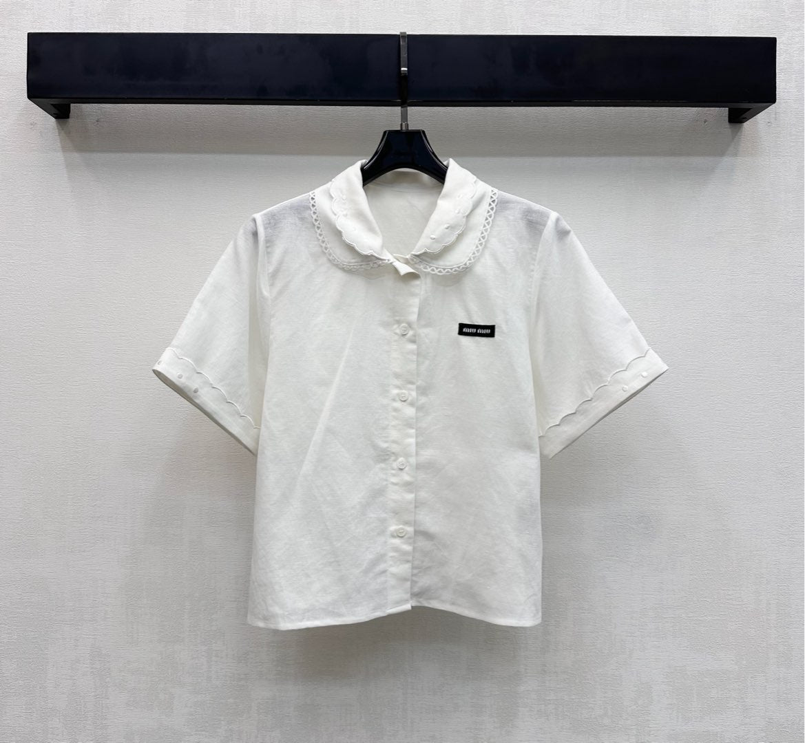 Miu SS26 Set Scalloped-Collar Shirt A-line Skirt White Cotton Linen 351916