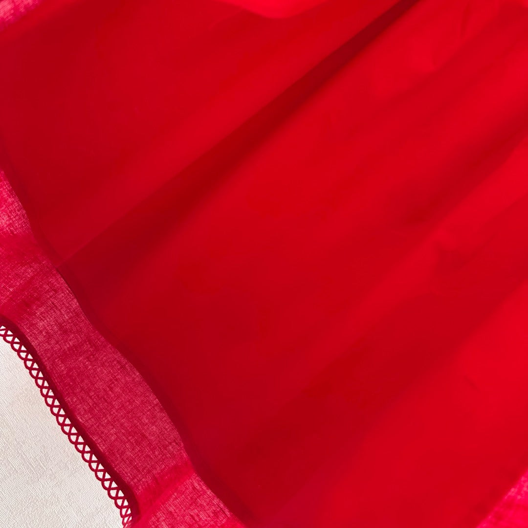 Miu SS26 Set Scalloped-Collar Shirt A-line Skirt Red Cotton Linen 351911