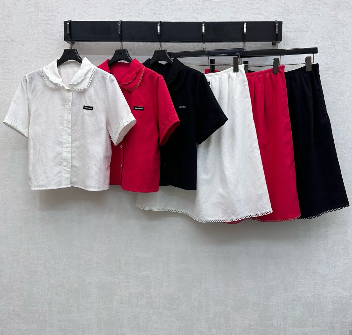 Miu SS26 Set Scalloped-Collar Shirt A-line Skirt Black Cotton Linen 351921