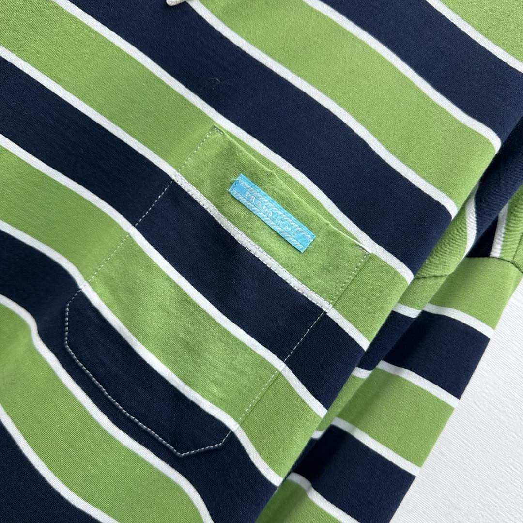 Prada Crew Neck Striped Block T-Shirt Blue Fern Green Cotton 350365