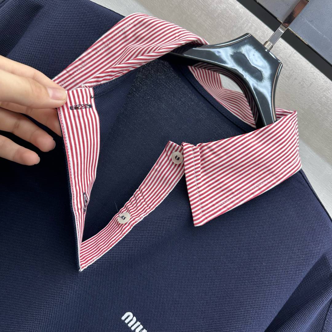 Miu SS26 Piqué Oversize Polo Shirt Navy Bleu Cotton 350370