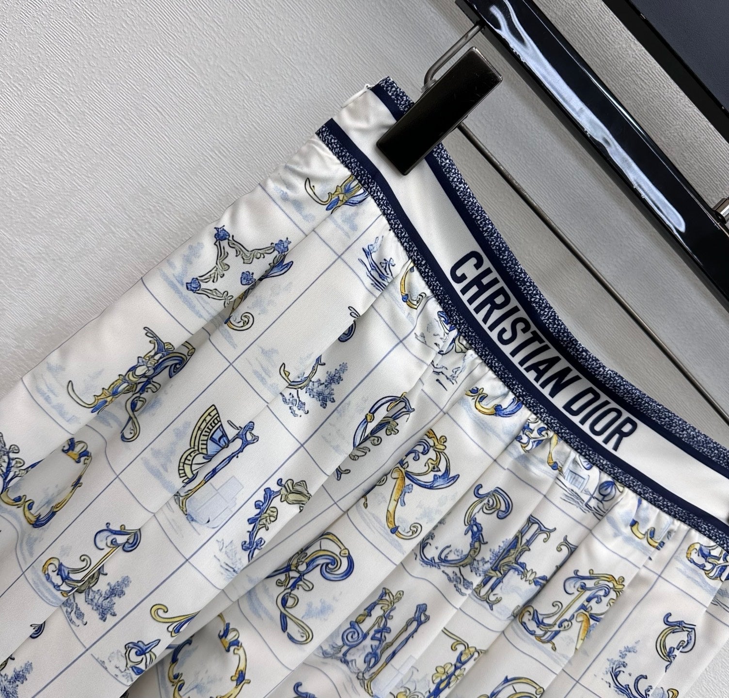 CD 26s Monogrammed Midi Skirt White Navy Blue Polyester Fiber