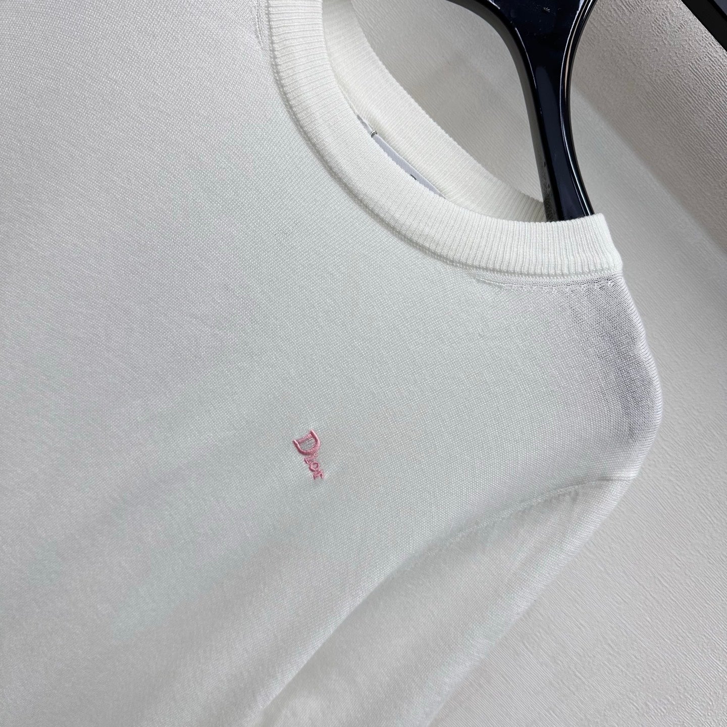 CD Letter Embroidery Short-Sleeve Knit Top White Wool 378372
