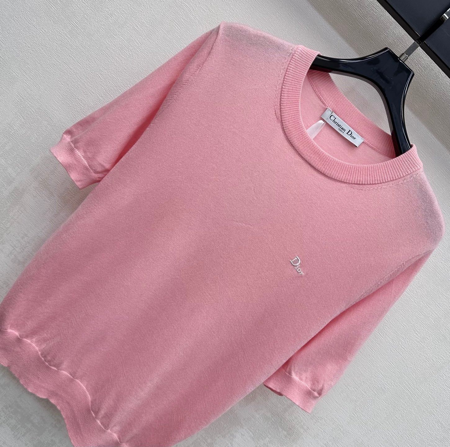 CD Letter Embroidery Short-Sleeve Knit Top Pink Wool 378374