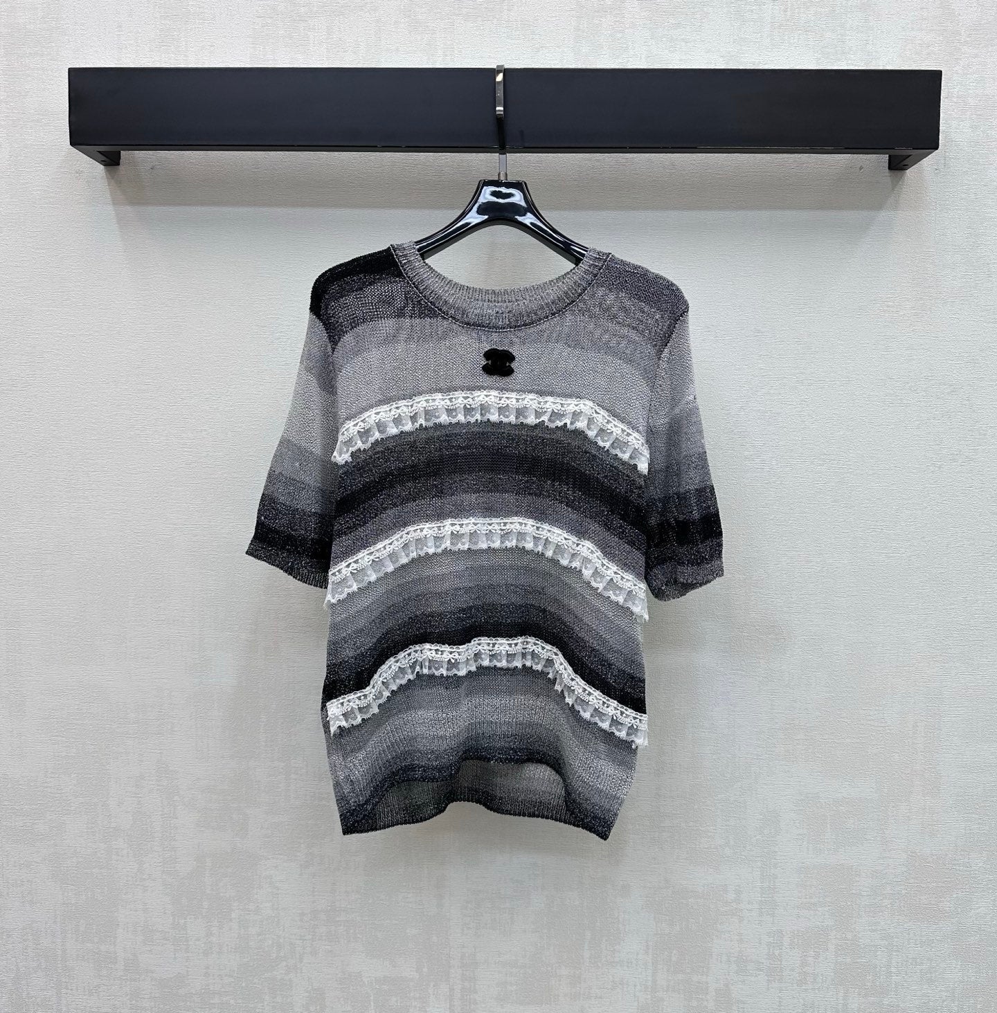 CC 26s Short-Sleeve Knit Top Black White Wool Polyester 378336