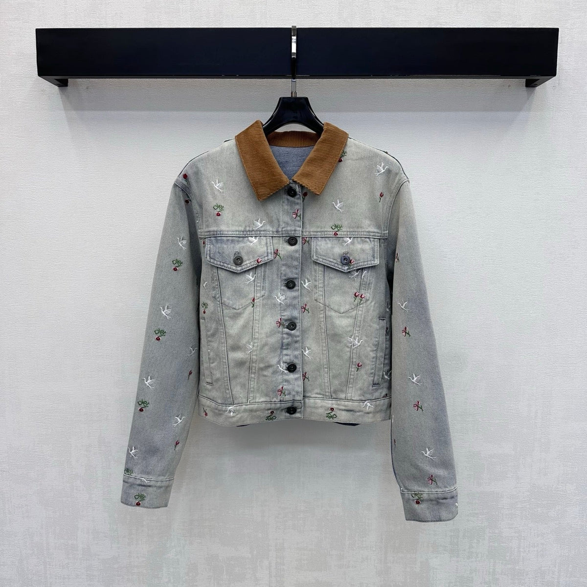 CD 26s Bird Floral Embroidered Denim Jacket Corduroy Collar Light Grey Cotton 427659
