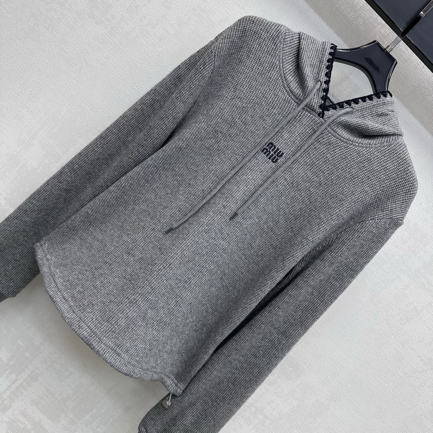 Miu 26s Waffle Hooded Sweatshirt Grey Wool 422647