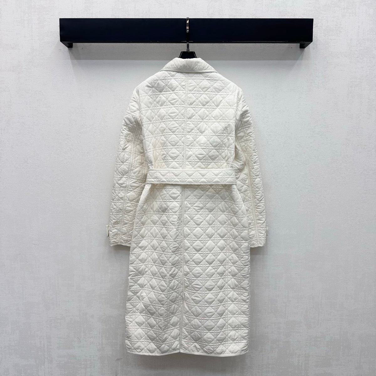 CD 26s Cannage Quilted Long Coat Belted Black Buttons White Cotton 427530