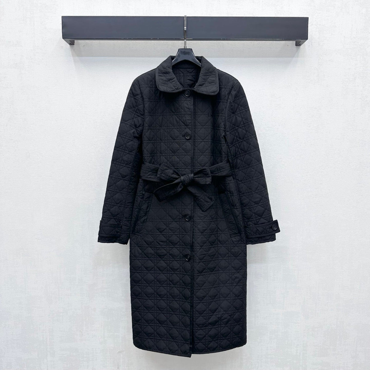 CD 26s Cannage Quilted Long Coat Belted Black Cotton 427532