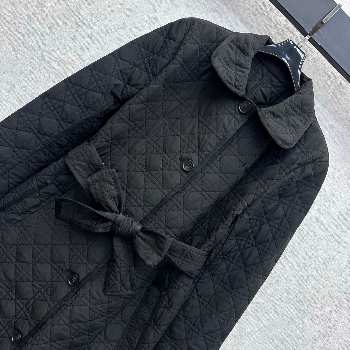 CD 26s Cannage Quilted Long Coat Belted Black Cotton 427532