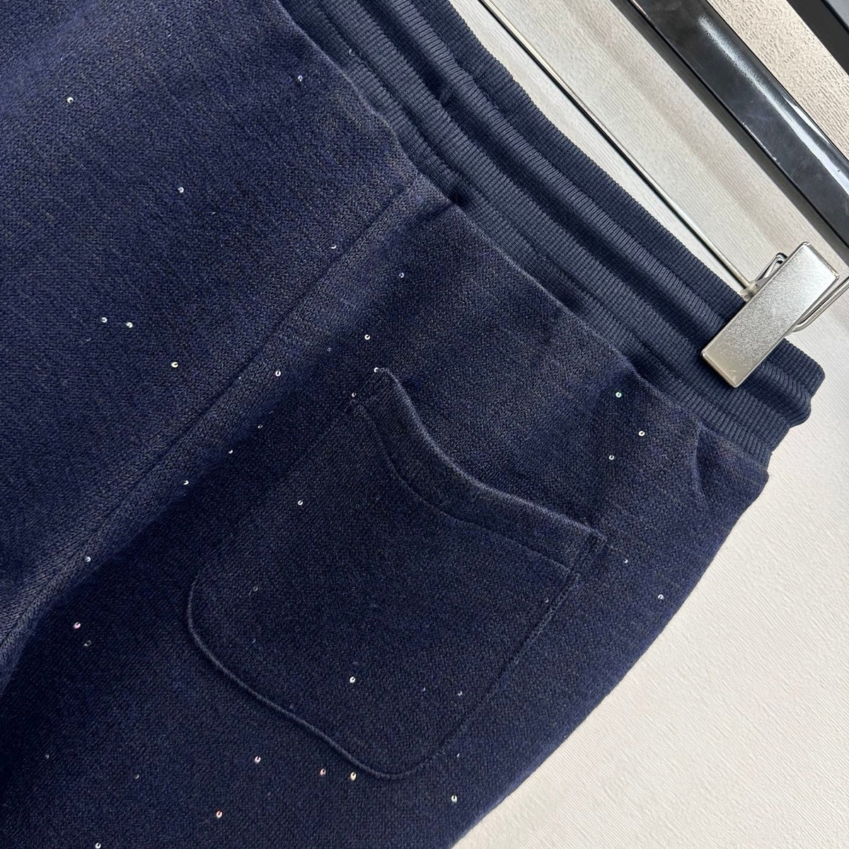Miu Miu Wide Leg Pants Navy Glitter Wool Blend 434185