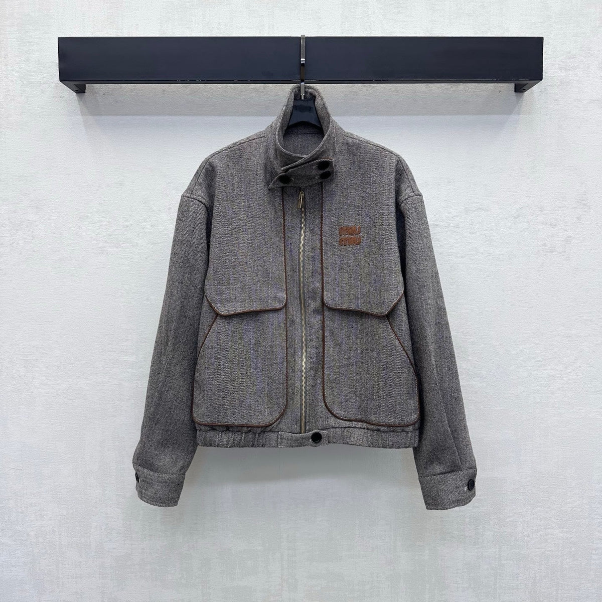 Miu Miu Bomber Jacket Grey Tweed Cotton Blend 434176