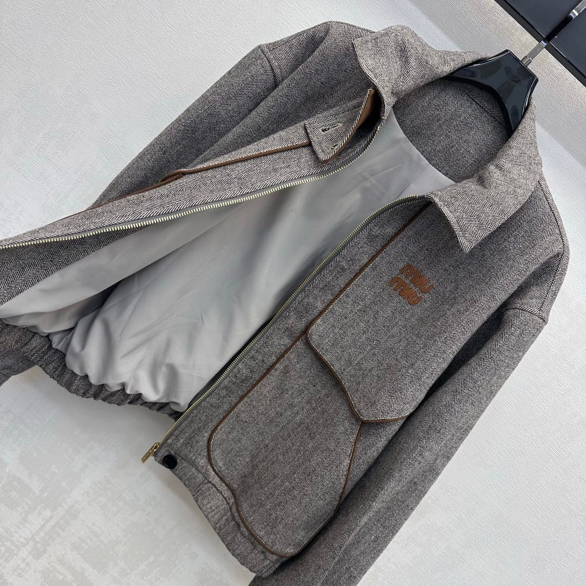 Miu Miu Bomber Jacket Grey Tweed Cotton Blend 434176