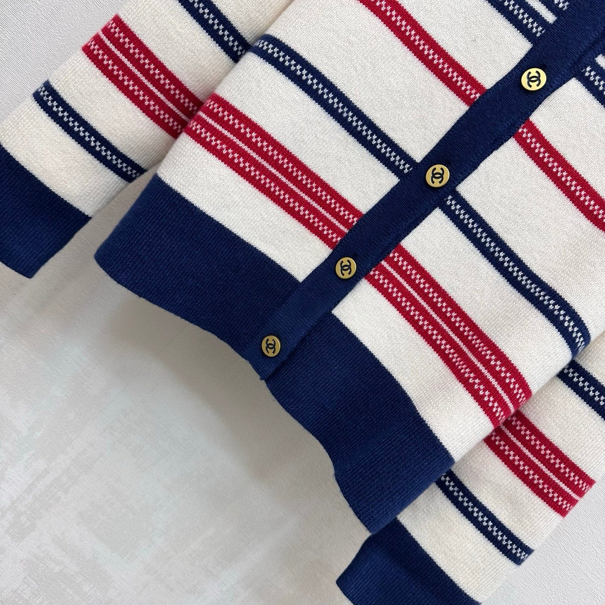 Chanel 26s Cardigan Navy Striped Polo Knit 446478
