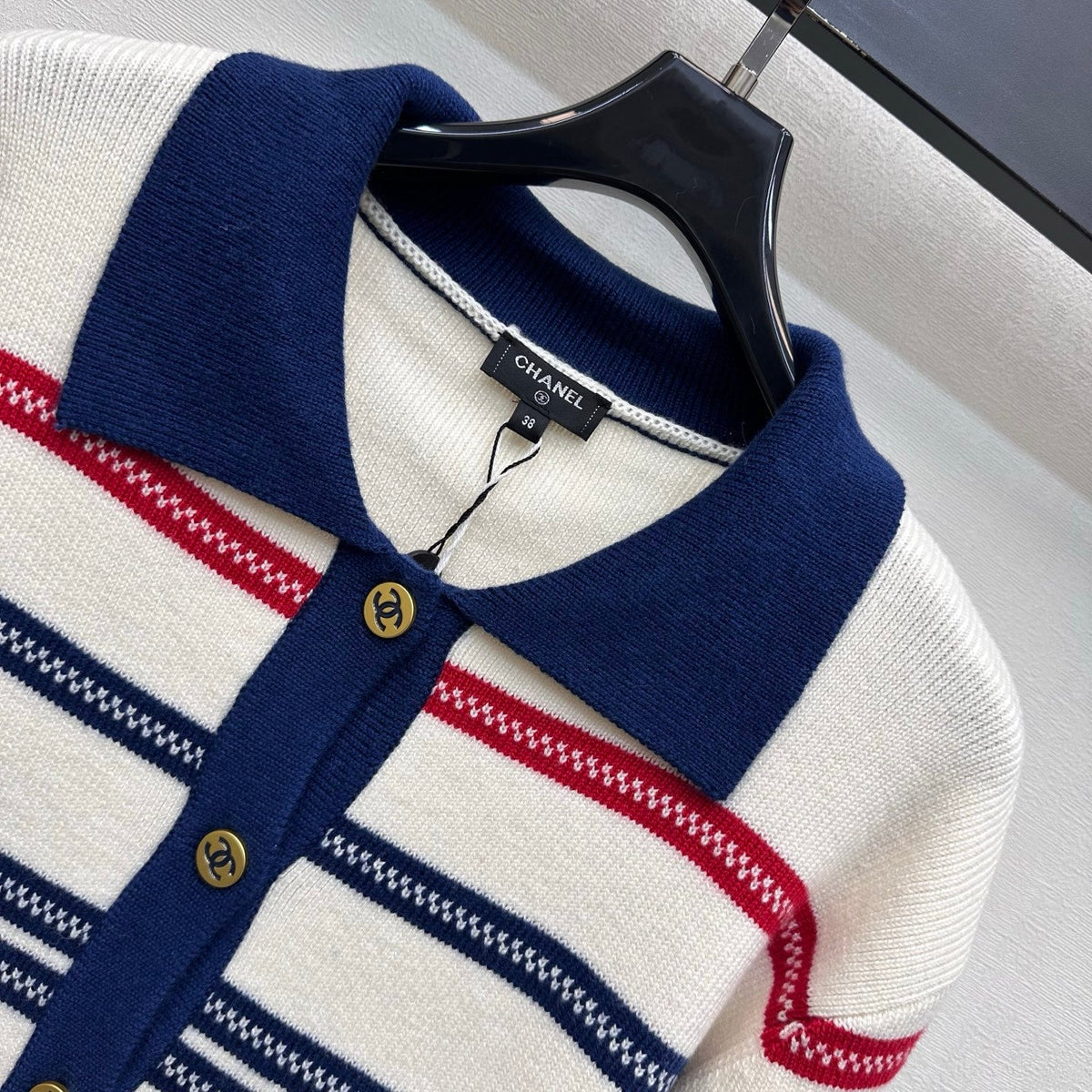 Chanel 26s Cardigan Navy Striped Polo Knit 446478