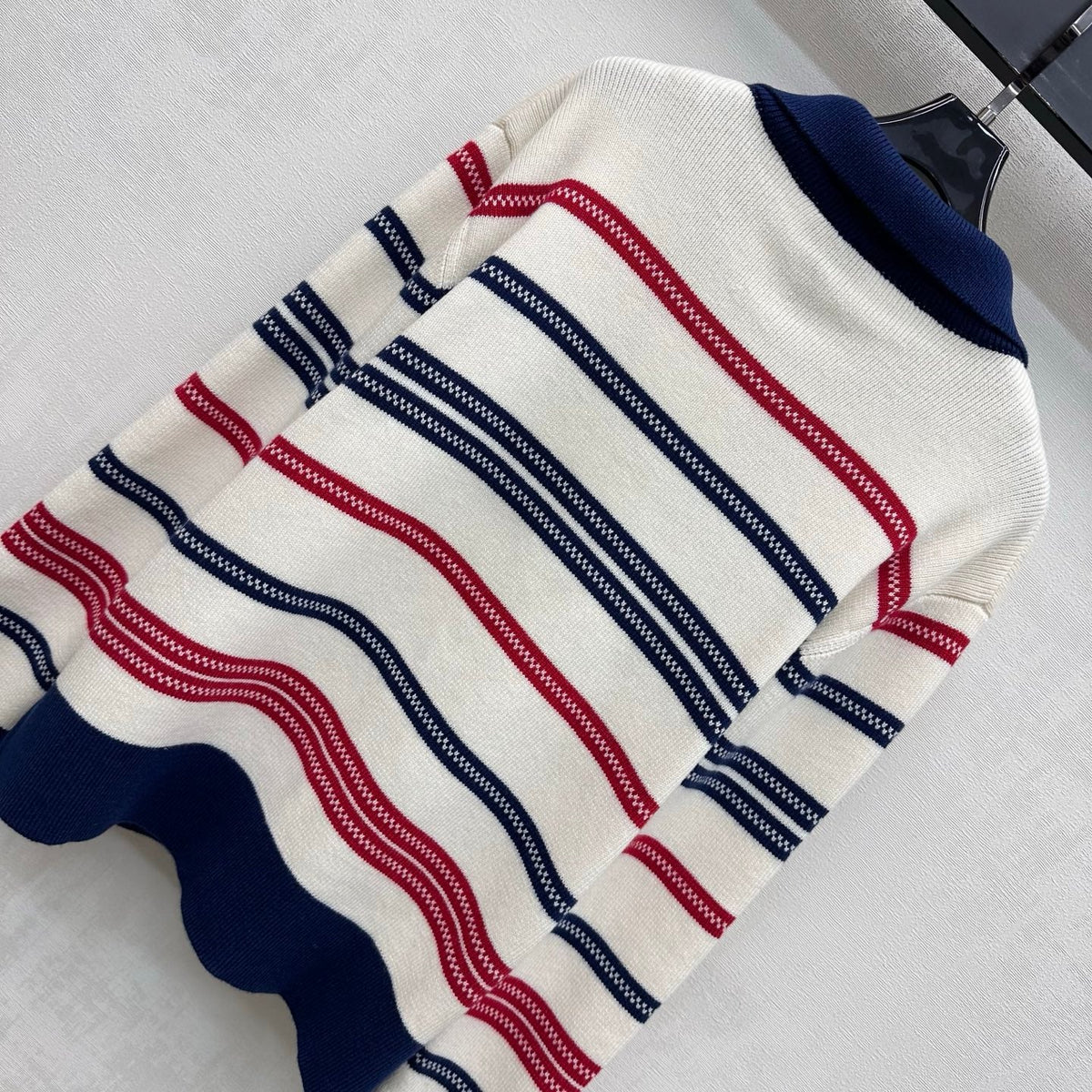 Chanel 26s Cardigan Navy Striped Polo Knit 446478