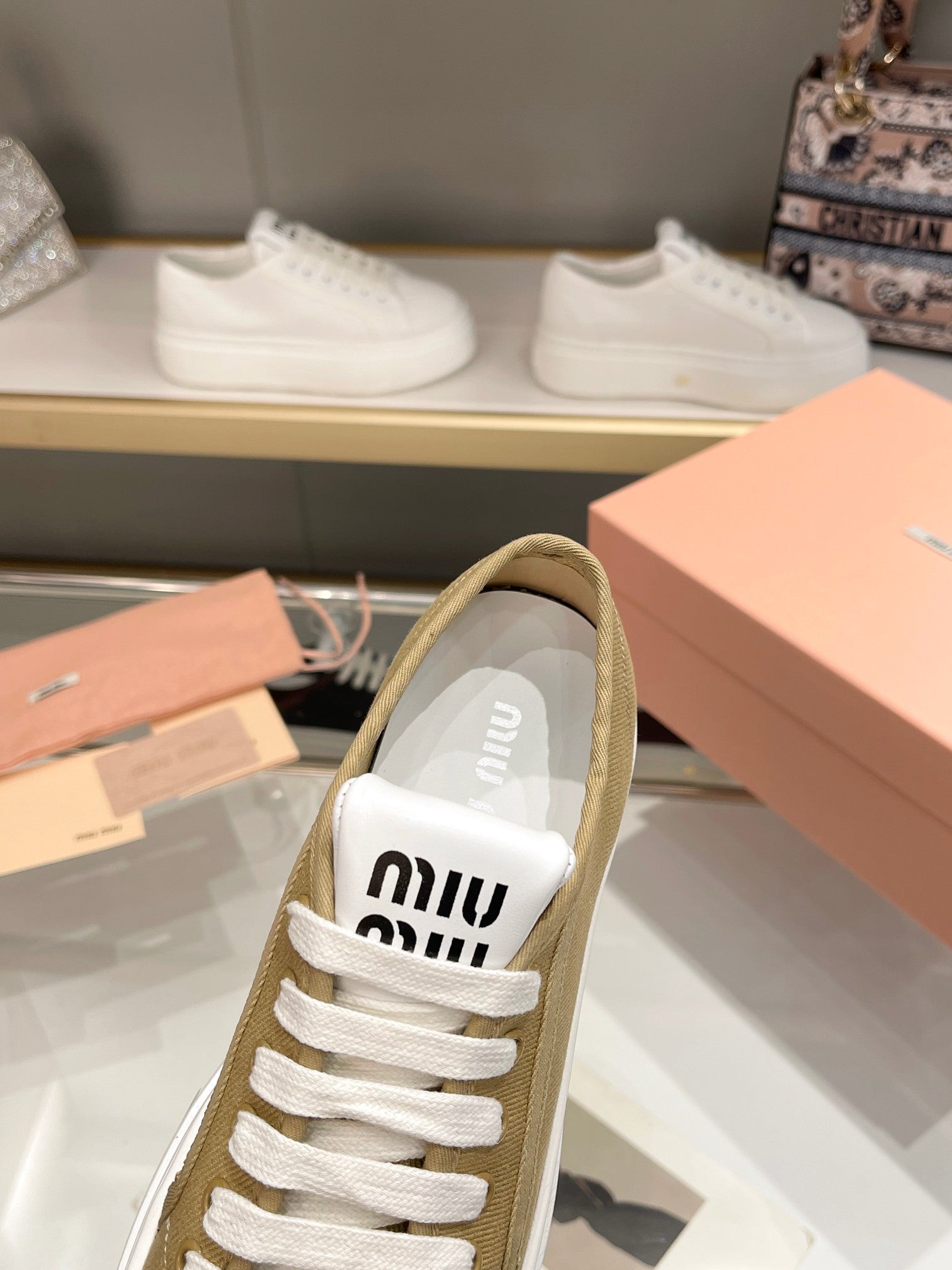 Miu Low Top Skateboard Shoes 50mm Golden Brown Canvas Cowhide 456835