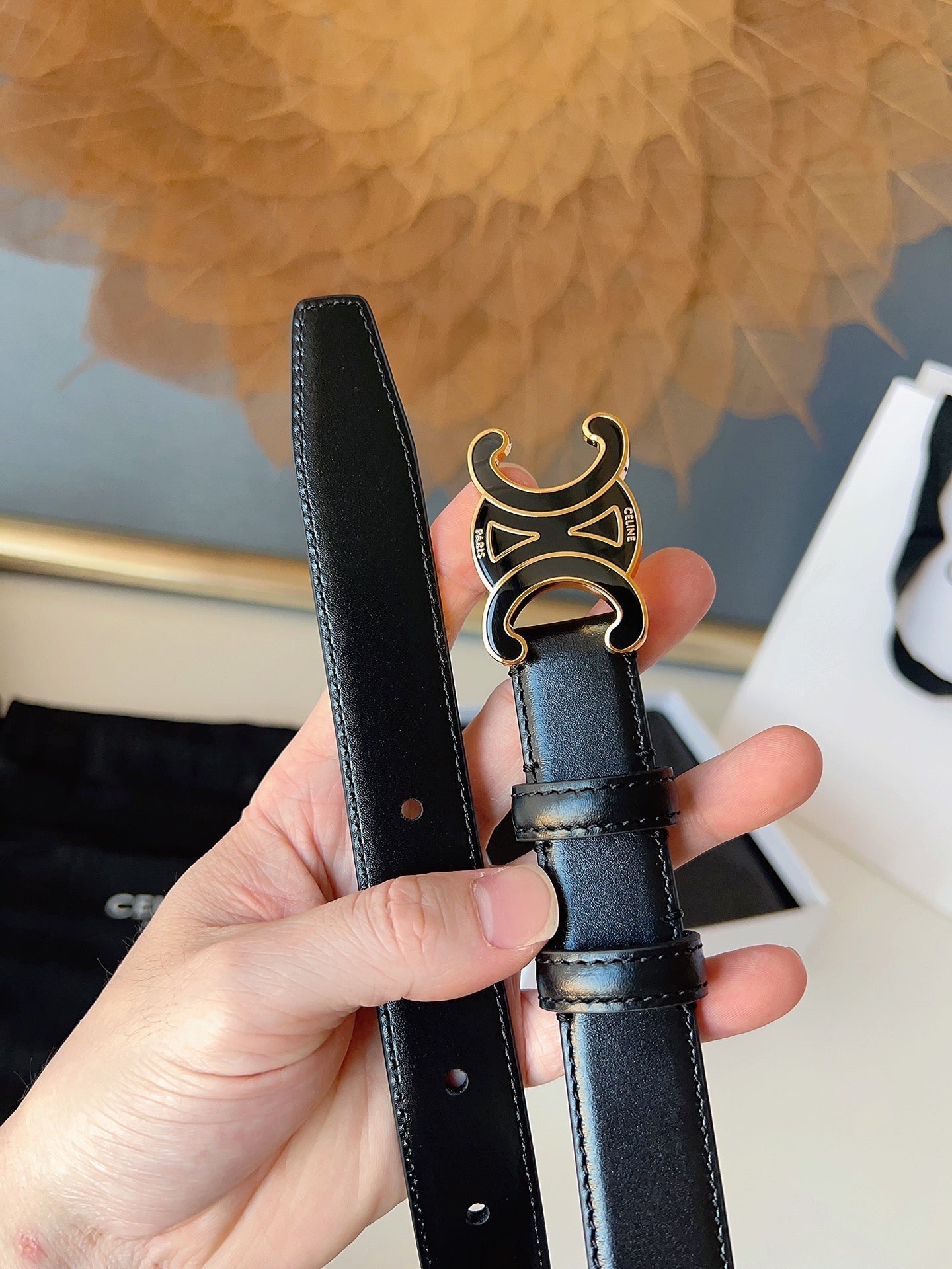 CL Black 25mm Triomphe Enamel Belt Black Cowhide 616414