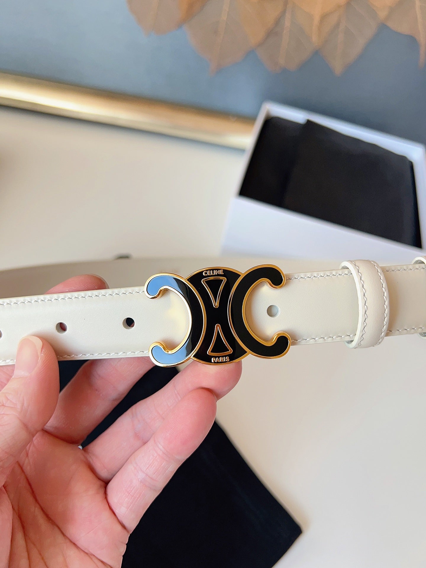 CL Black 25mm Triomphe Enamel Belt White Cowhide 616415