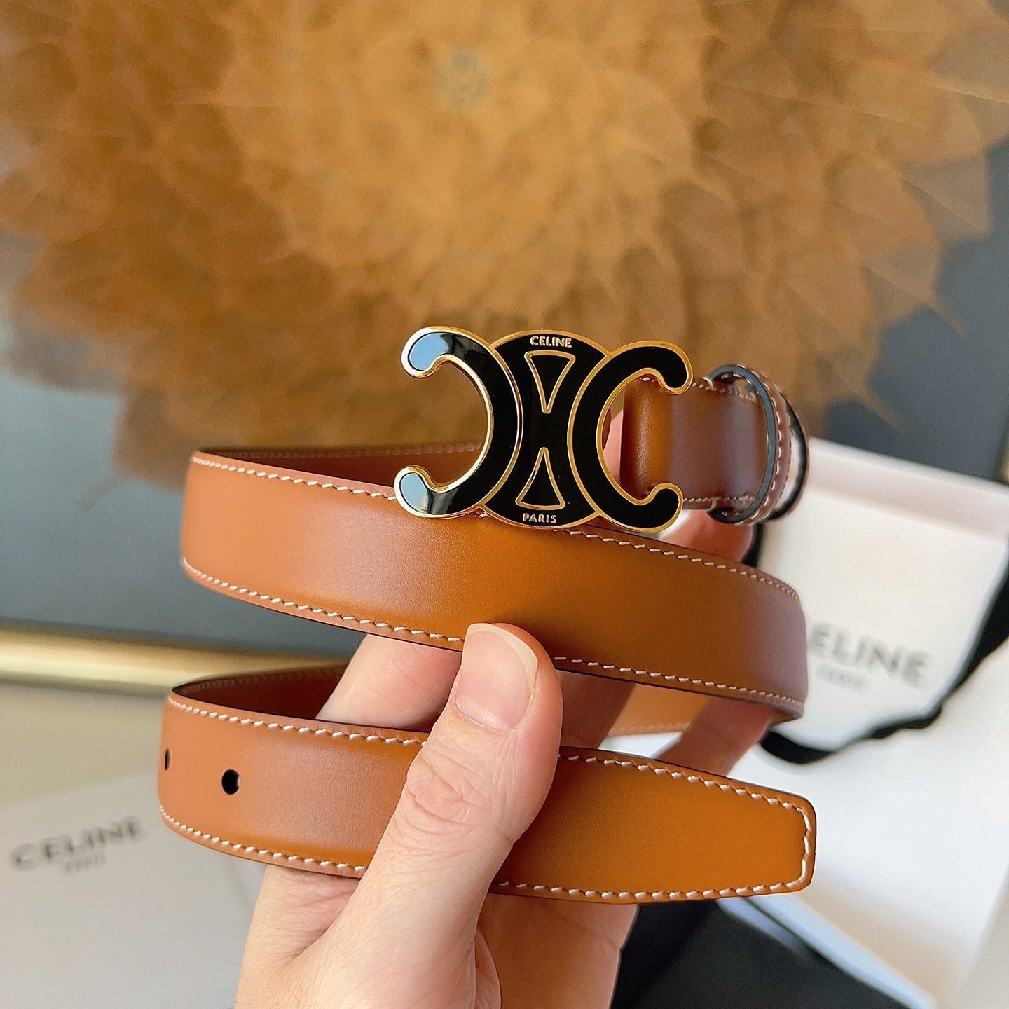 CL Black 25mm Triomphe Enamel Belt Camel Brown Cowhide 616416