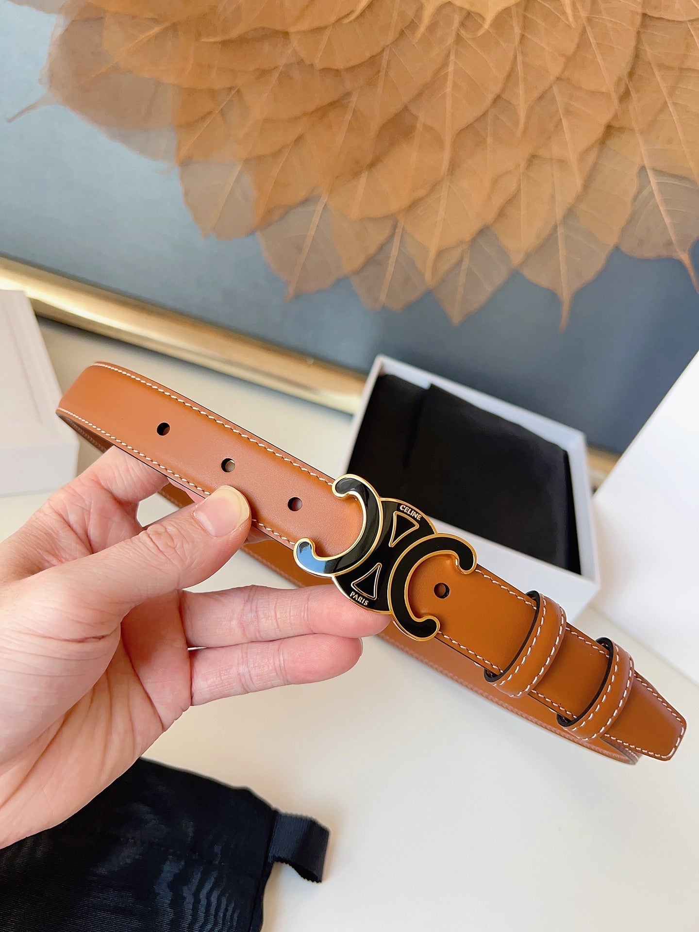 CL Black 25mm Triomphe Enamel Belt Camel Brown Cowhide 616416