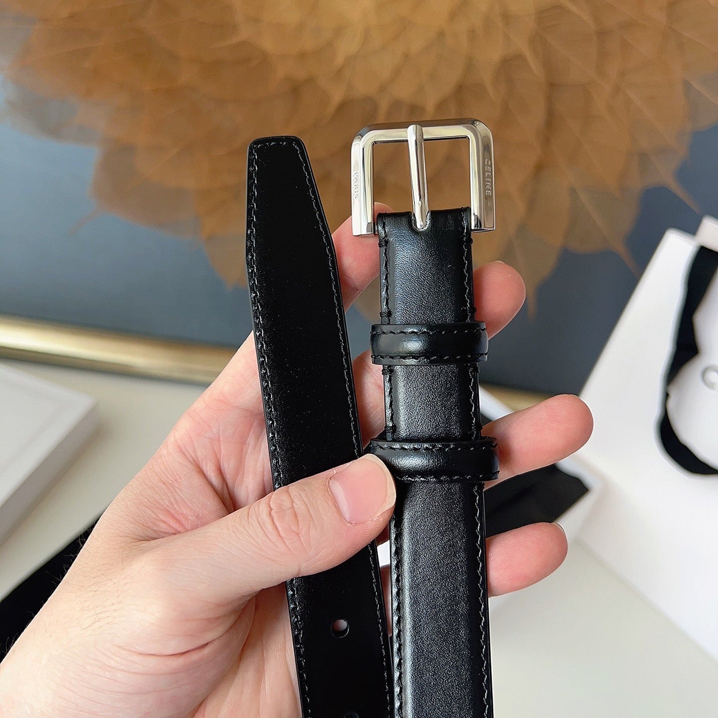 CL Sliver 25mm Triomphe Belt Black Cowhide 616411