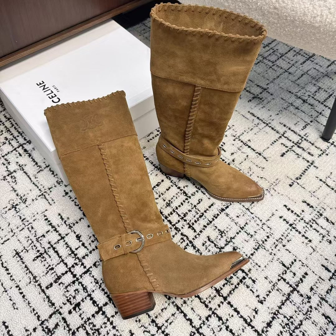 Celine 26S Western Buckle Jumping Boots 4.5cm Brown Suede 118187