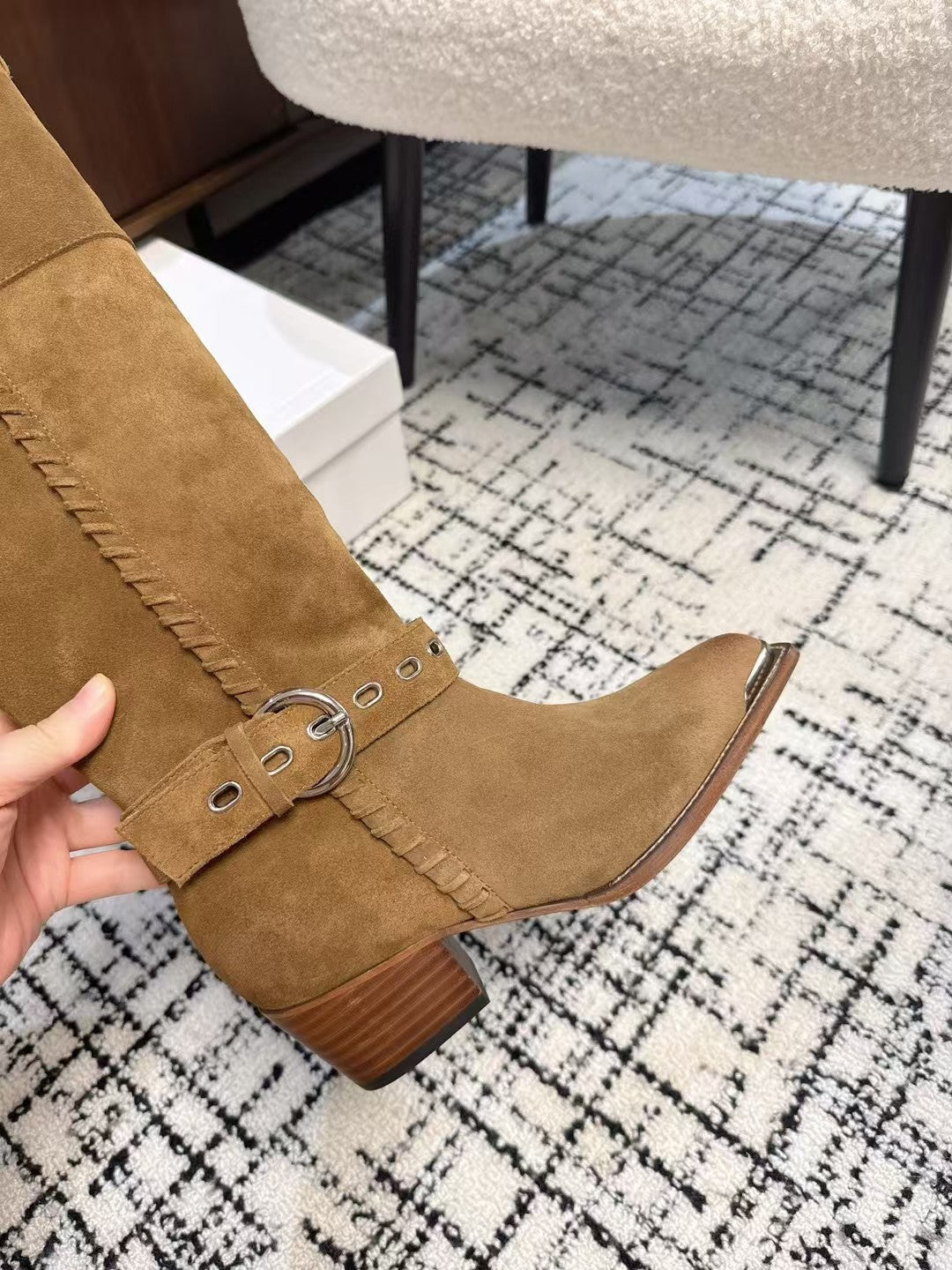 Celine 26S Western Buckle Jumping Boots 4.5cm Brown Suede 118187
