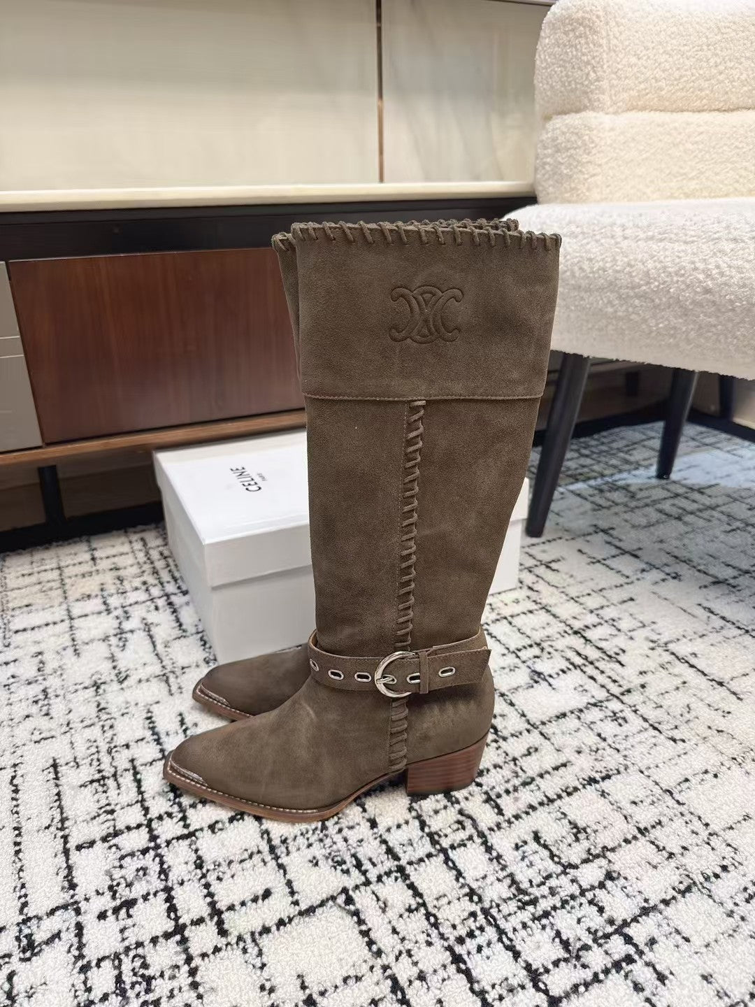 Celine 26S Western Buckle Jumping Boots 4.5cm Khaki Suede 118189