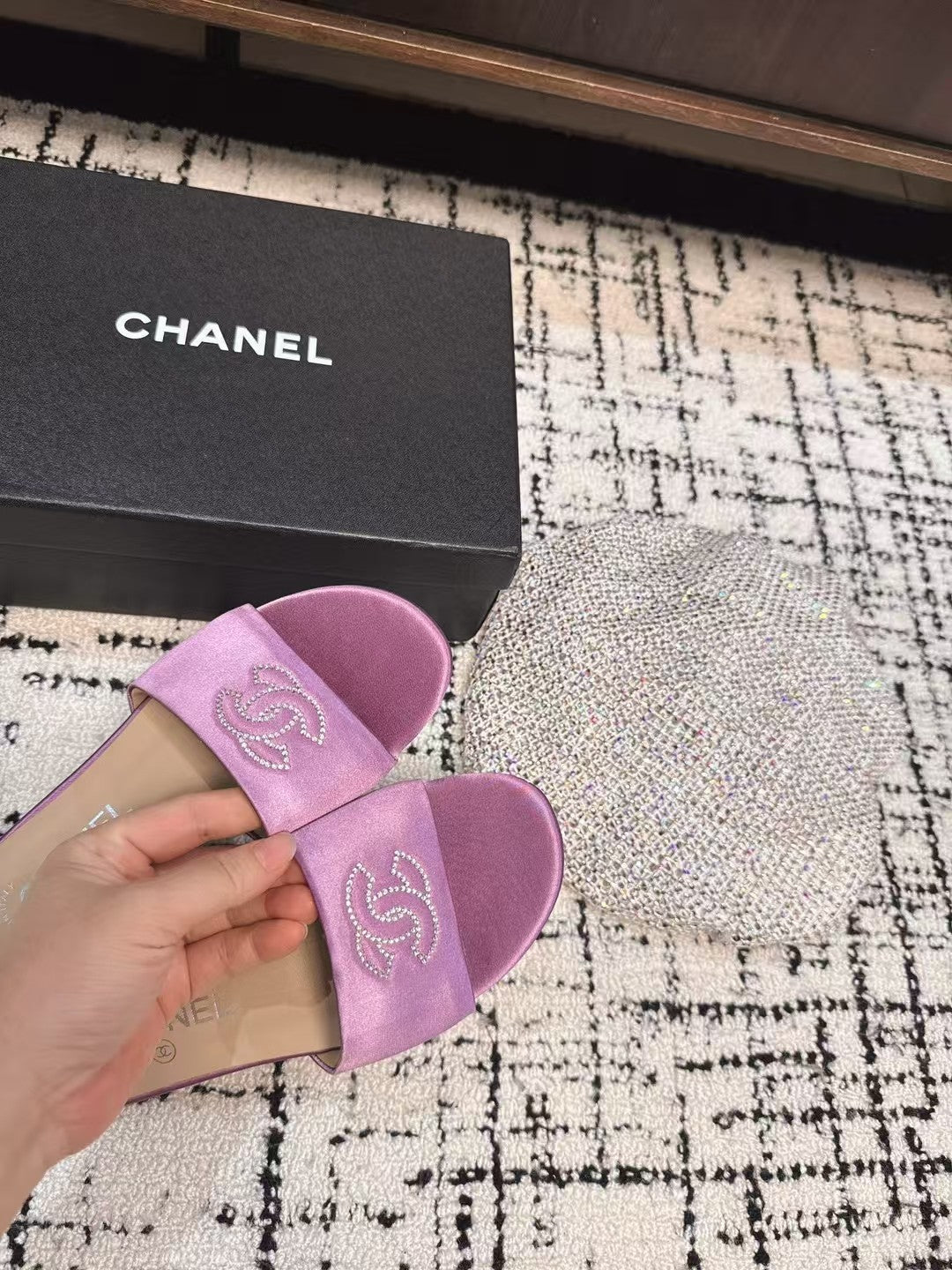 CC Slippers In Lilac Purple Satin Mix Calfskin