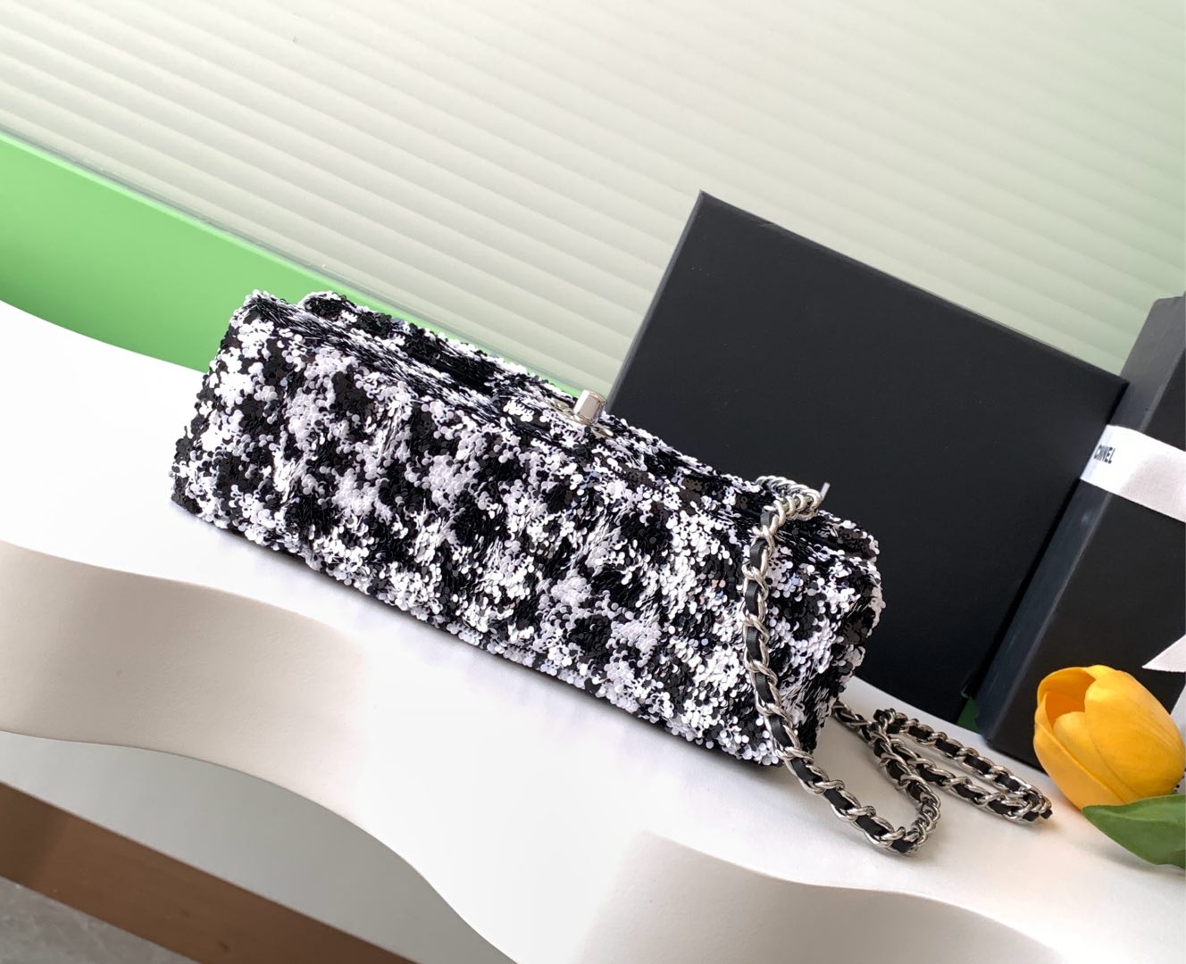 CC 25C White Black Sequin Silver Hardware